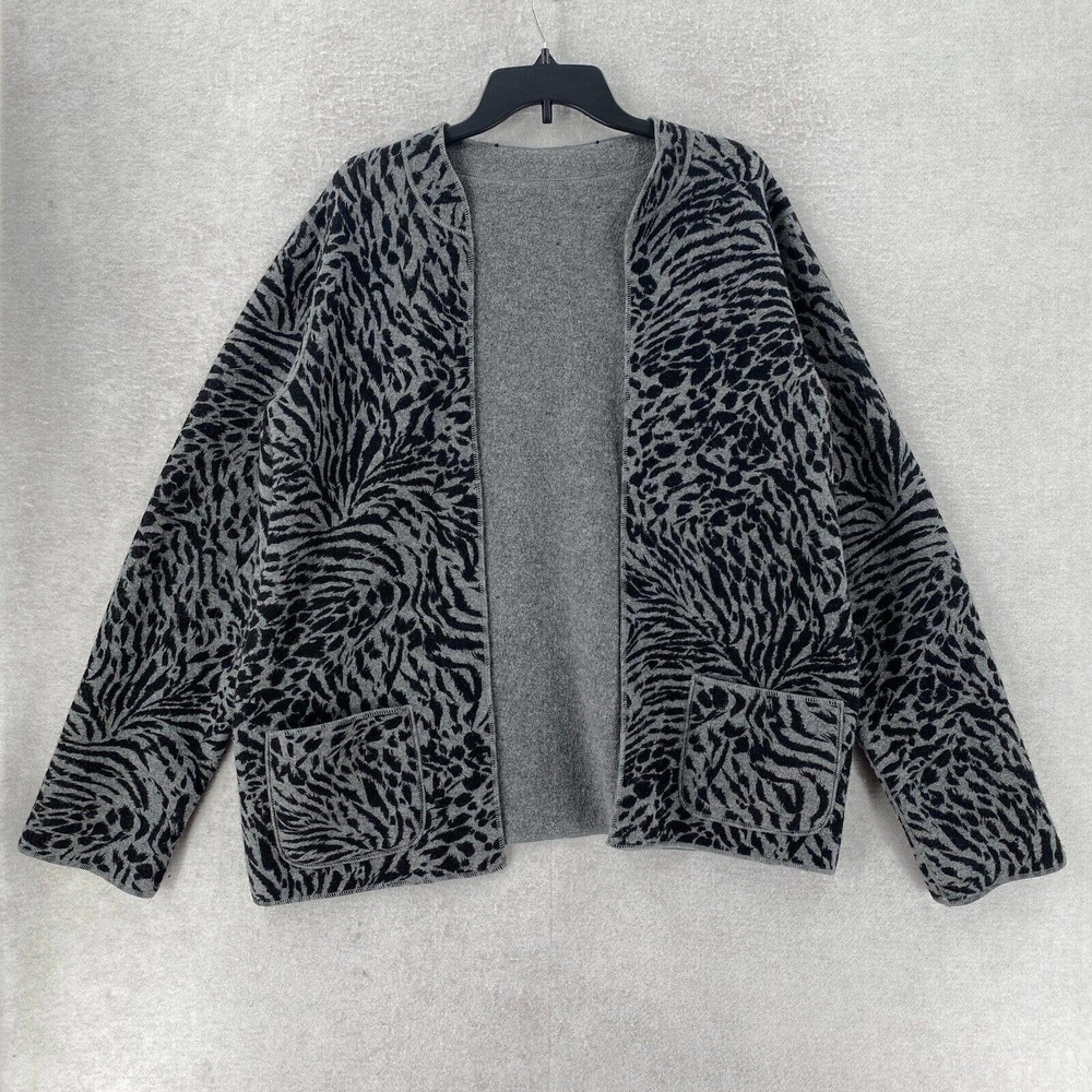 Reversible Leopard Print Sweater Jacket Fleece Womens‎ LARGE Pockets Oversized
